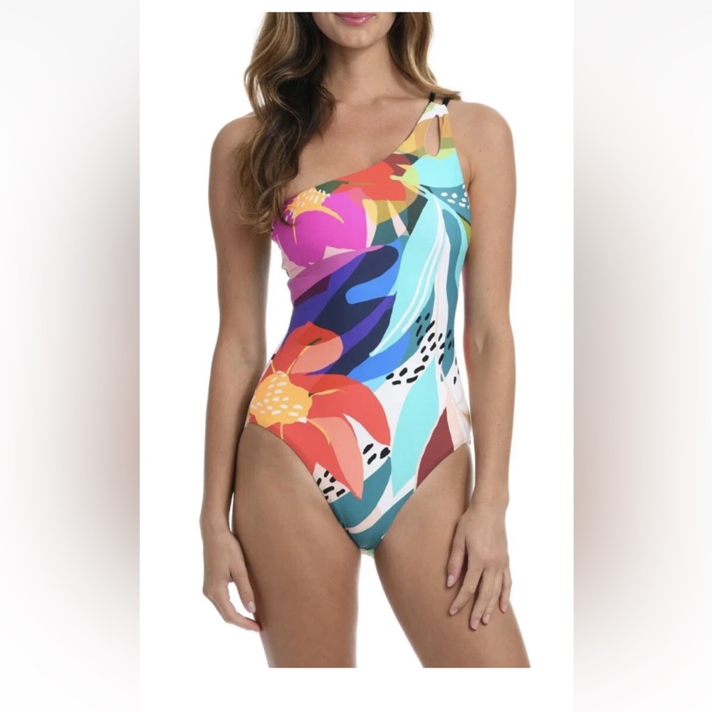 La Blanca Sz 2 Bust 32" Floral Ecletic One-Shoulder One-Piece Swimsuit